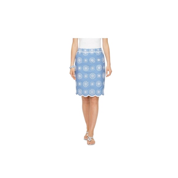 Talbots Blue White Eyelet Chambray Scalloped Hem Knee Length ALine Skirt 10 - Picture 2 of 9